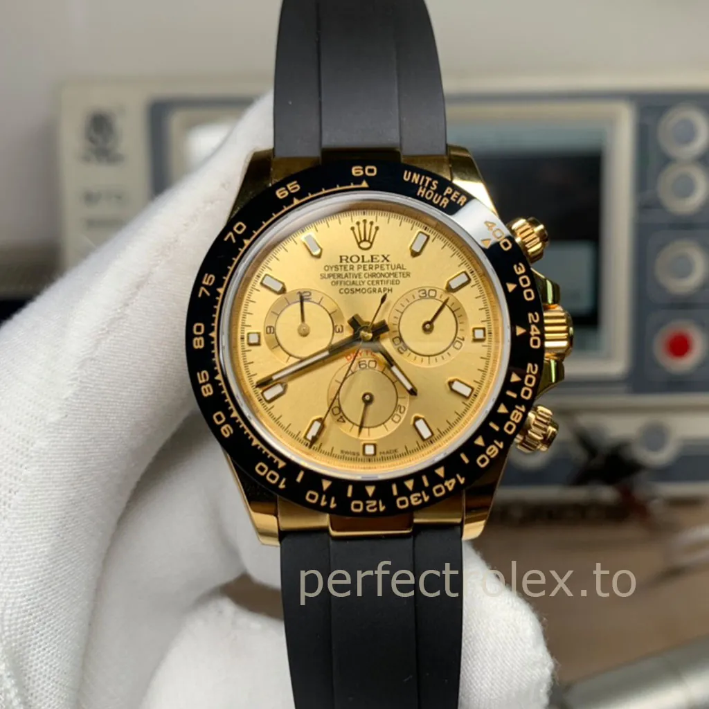 Rolex-Daytona-M116518LN-0042-Super-Clone-Watch-40mm-Gold-Dial-Black-Tachymeter-Bezel-Rubber-Strap-Front-View-1
