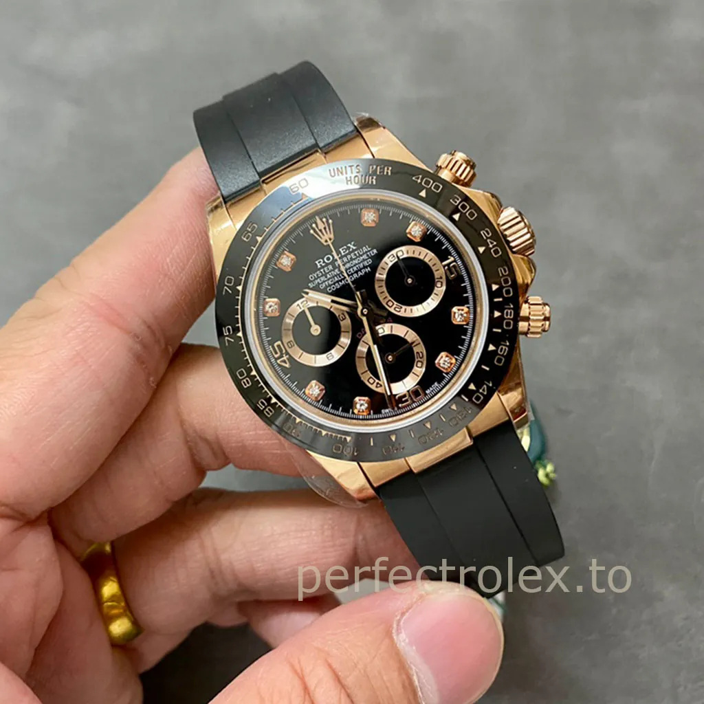 Rolex-Daytona-M116515LN-0057-Best-Replica-Watch-40mm-Black-Dial-Rose-Gold-Diamond-Markers-Display-Image