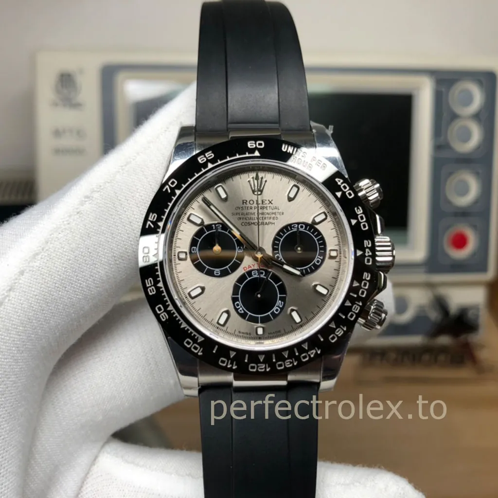 Rolex-Daytona-116519LN-0027-Super-Clone-Watch-40mm-Grey-Panda-Dial-Black-Bezel-Rubber-Strap-Front-View-1