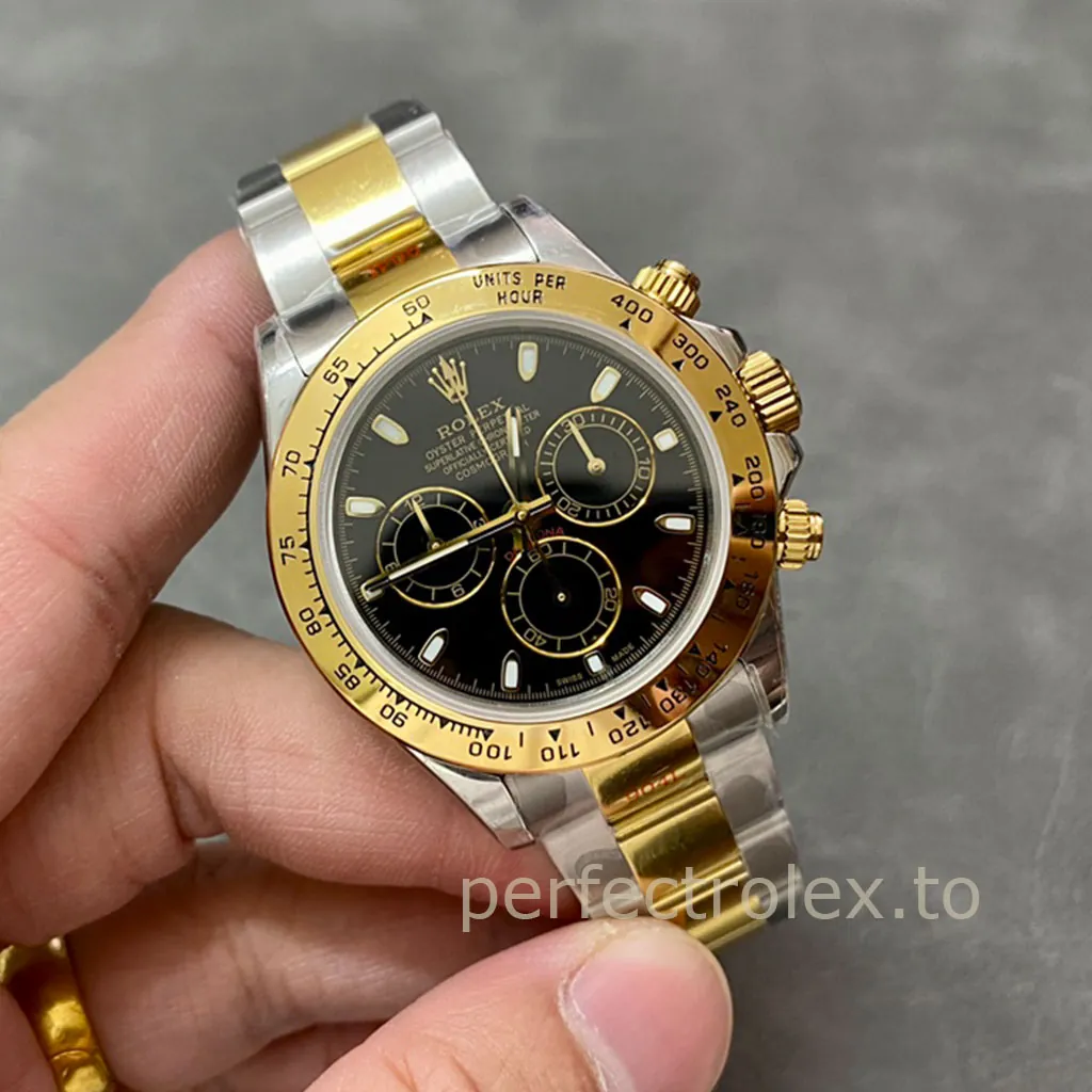 Best-Rolex-Daytona-116503BLK-Replica-Watch-40mm-Black-Dial-Gold-Tachymeter-Bezel-Display-Image