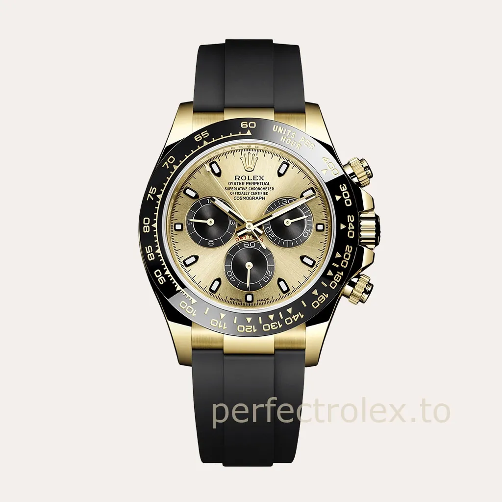 Rolex-Daytona-M116518LN-0048-Replica-Watch-40mm-Champagne-Gold-Dial-Black-Ceramic-Bezel-Rubber-Strap-Hero-Image