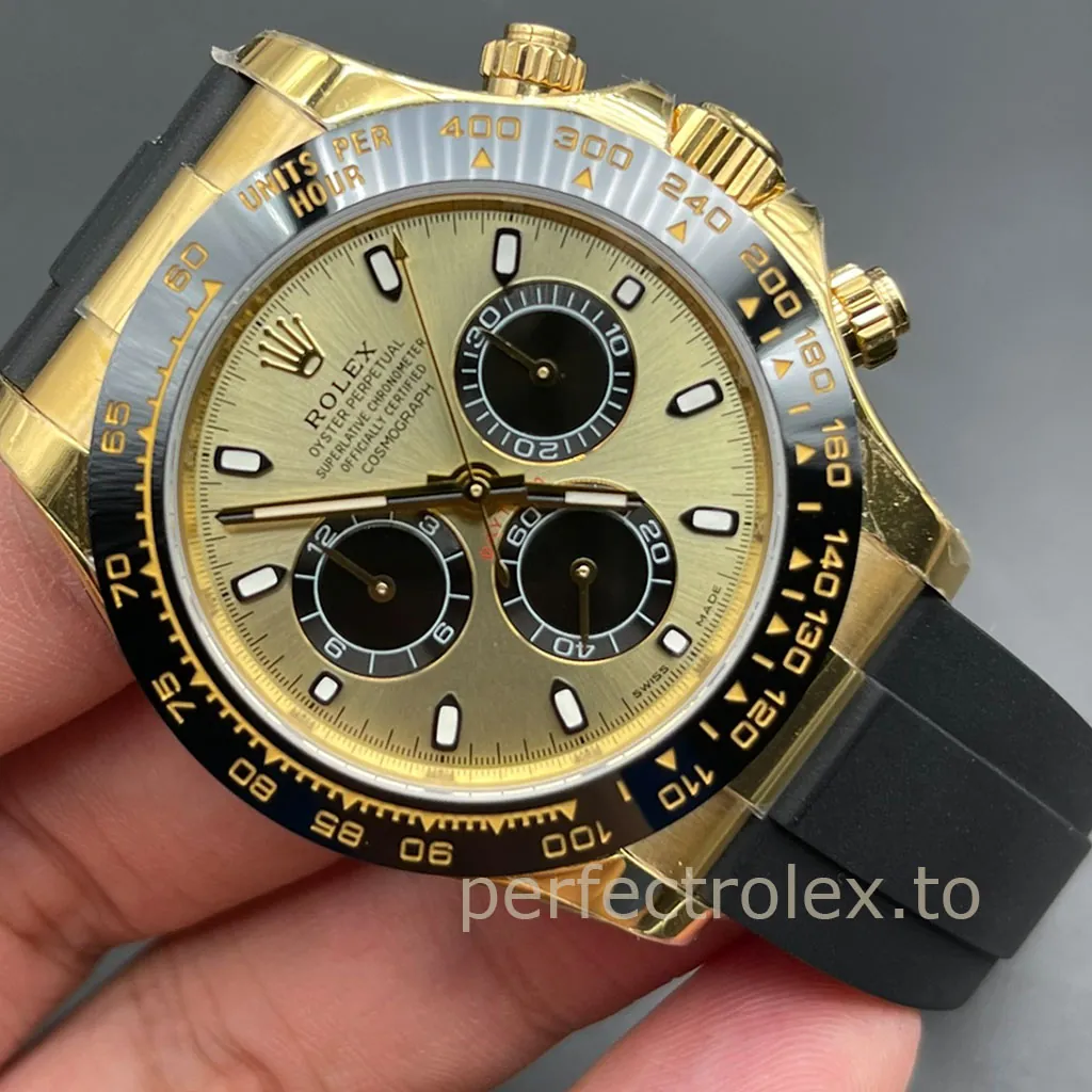 Rolex-Daytona-M116518LN-0048-Replica-Watch-40mm-Champagne-Gold-Dial-Black-Ceramic-Bezel-Rubber-Strap-Dial-Detail-2