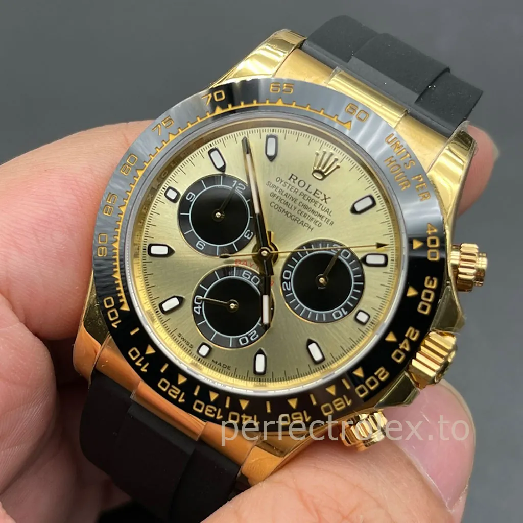 Rolex-Daytona-M116518LN-0048-Replica-Watch-40mm-Champagne-Gold-Dial-Black-Ceramic-Bezel-Rubber-Strap-Dial-Detail-1