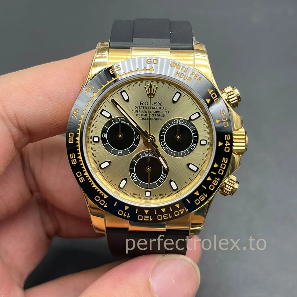 Rolex-Daytona-M116518LN-0048-Replica-Watch-40mm-Champagne-Gold-Dial-Black-Ceramic-Bezel-Rubber-Strap-Front-View-1