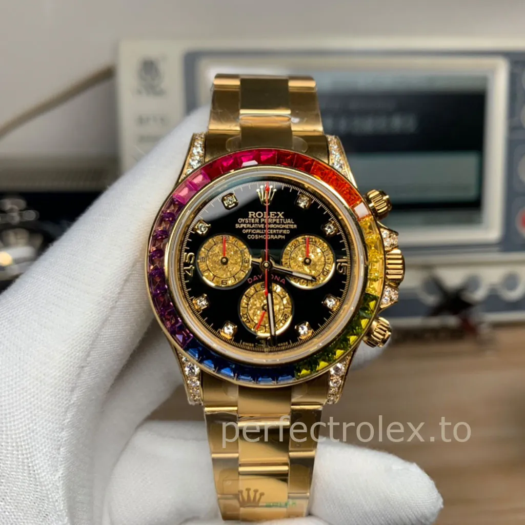 Rolex-Daytona-116598RBOW-Rainbow-Replica-Watch-40mm-Black-Dial-Yellow-Gold-Front-View-1