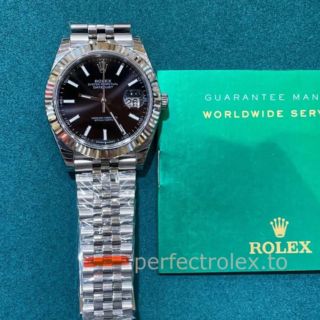 Rolex-Datejust-41-M126334-0018-Super-Clone-Watch-Black-Dial-Fluted-Bezel-Jubilee-Bracelet-Display-Image
