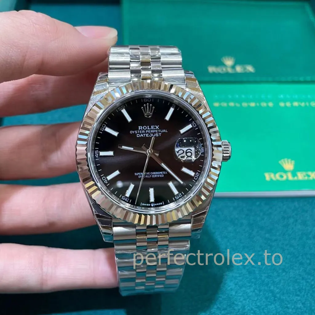 Rolex-Datejust-41-M126334-0018-Super-Clone-Watch-Black-Dial-Fluted-Bezel-Jubilee-Bracelet-Front-View-1