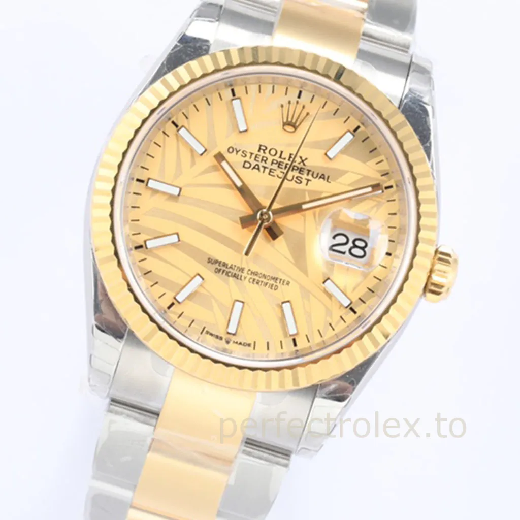 Rolex-Datejust-126233-0038-Golden-Palm-Motif-Dial-Replica-Watch-Two-Tone-Oyster-Bracelet-Dial-Detail-1