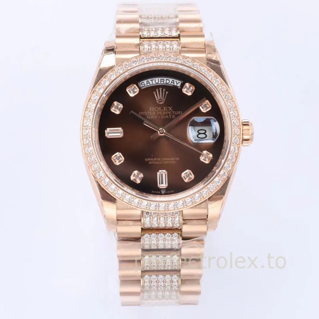 Rolex-Day-Date-128345RBR-0041-Chocolate-Dial-Diamond-Bezel-President-Bracelet-Super-Clone-Watch-Front-View-1