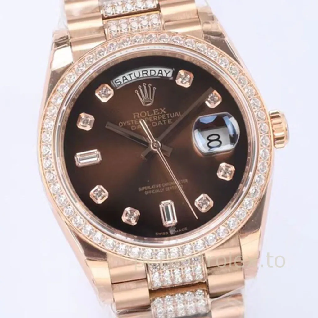 Rolex-Day-Date-128345RBR-0041-Chocolate-Dial-Diamond-Bezel-President-Bracelet-Super-Clone-Watch-Dial-Detail-1