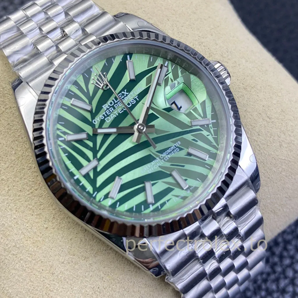 Rolex-Datejust-126234-0047-Olive-Green-Palm-Dial-36mm-Jubilee-Bracelet-Super-Clone-Watch-Dial-Detail-2