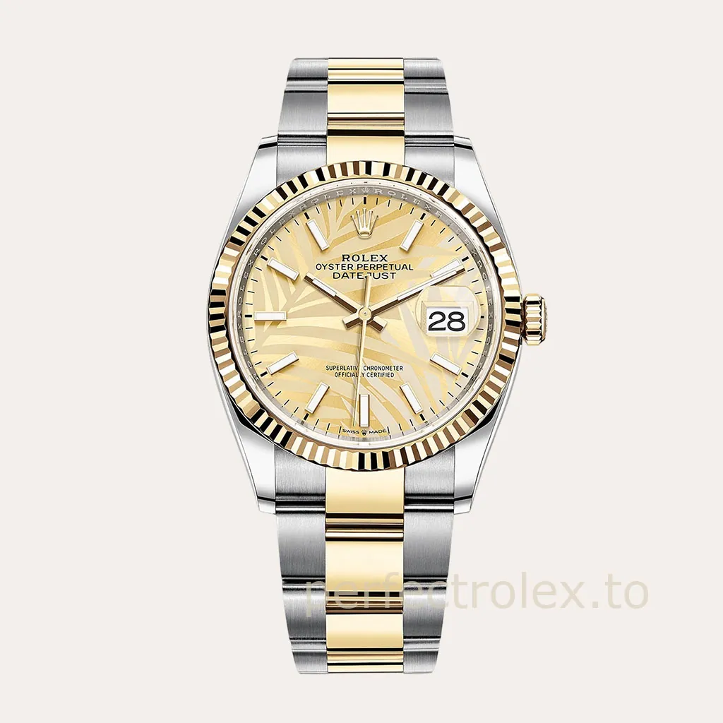 Rolex-Datejust-126233-0038-Golden-Palm-Motif-Dial-Replica-Watch-Two-Tone-Oyster-Bracelet-Hero-Image