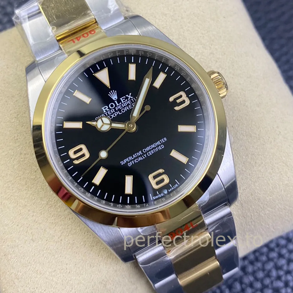 Rolex-Explorer-M124273-0001-36mm-Black-Dial-Gold-Bezel-Oystersteel-Super-Clone-Watch-Dial-Detail-2