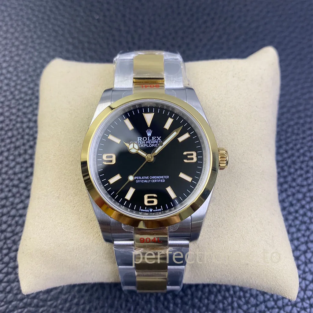 Rolex-Explorer-M124273-0001-36mm-Black-Dial-Gold-Bezel-Oystersteel-Super-Clone-Watch-Front-View-1