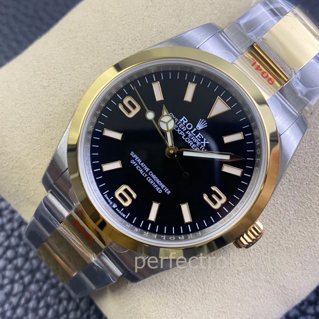 Rolex-Explorer-M124273-0001-36mm-Black-Dial-Gold-Bezel-Oystersteel-Super-Clone-Watch-Dial-Detail-1