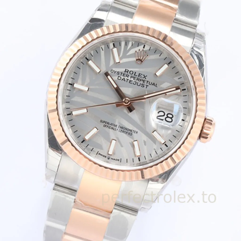 Rolex-Datejust-126231-0032-Silver-Palm-Dial-Rose-Super-Clone-Watch-Oyster-Bracelet-Dial-Detail-1