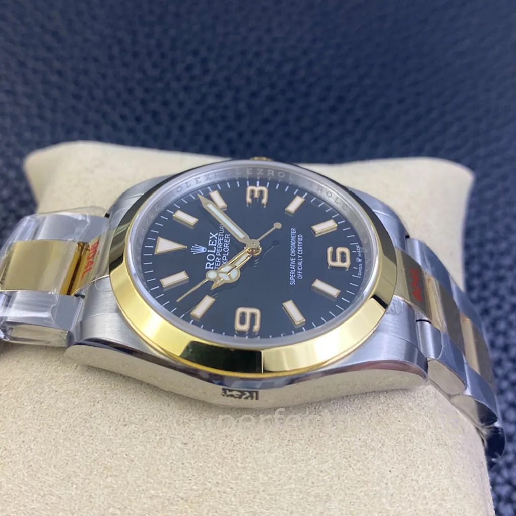 Rolex-Explorer-M124273-0001-36mm-Black-Dial-Gold-Bezel-Oystersteel-Super-Clone-Watch-Left-Side-View