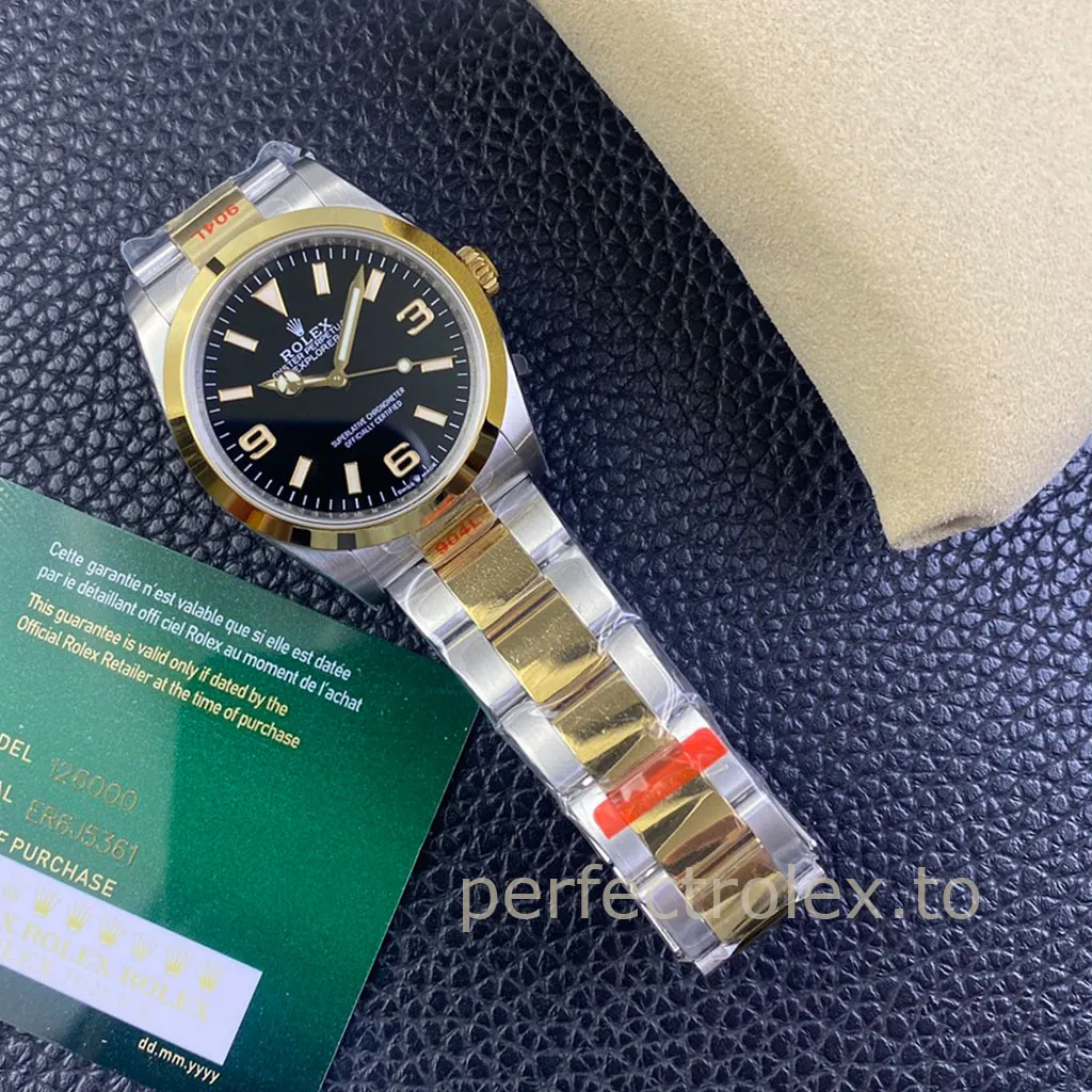 Rolex-Explorer-M124273-0001-36mm-Black-Dial-Gold-Bezel-Oystersteel-Super-Clone-Watch-Display-Image