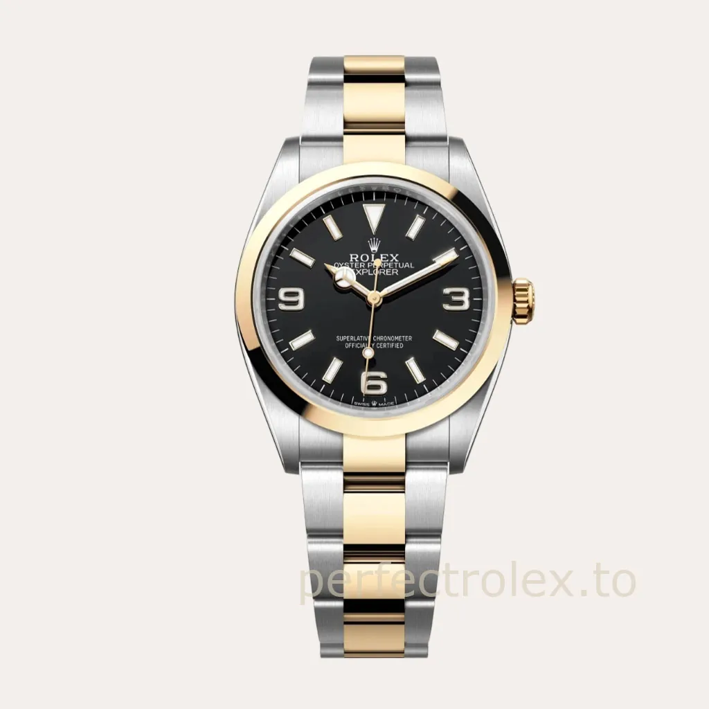 Rolex-Explorer-M124273-0001-36mm-Black-Dial-Gold-Bezel-Oystersteel-Super-Clone-Watch-Hero-Image