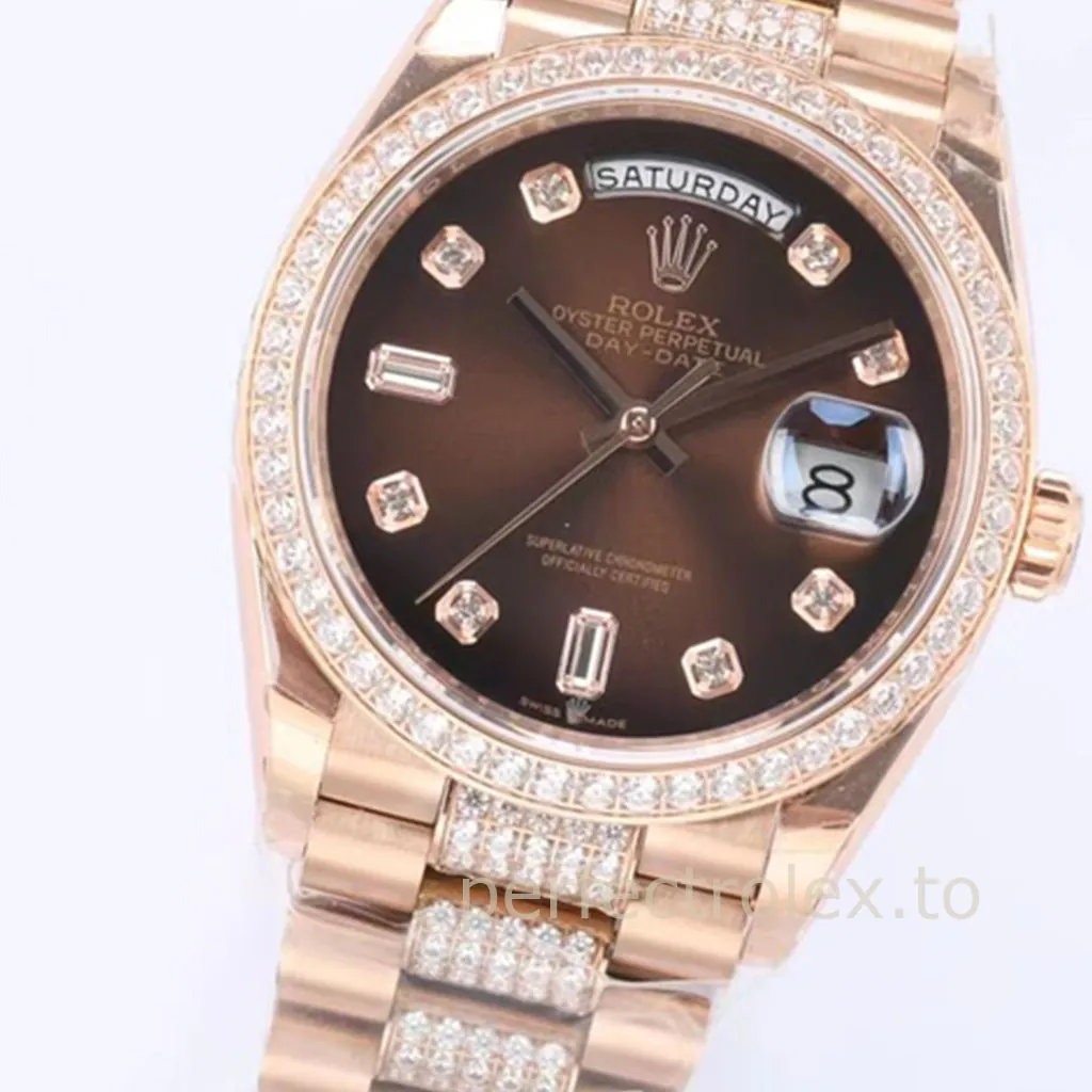 Rolex-Day-Date-128345RBR-0041-Chocolate-Dial-Diamond-Bezel-President-Bracelet-Super-Clone-Watch-Dial-Detail-2