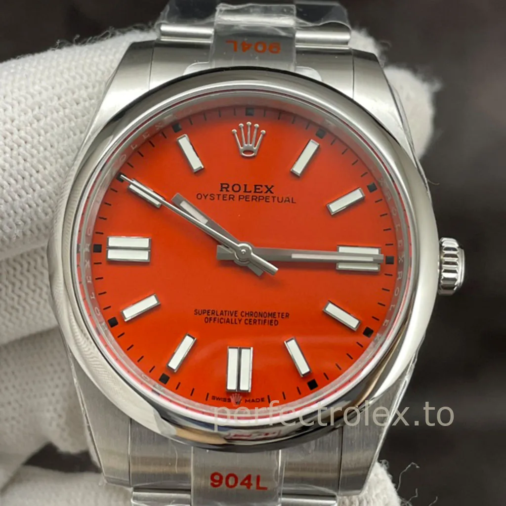 Rolex-Oyster-Perpetual-M124300-Best-Super-Clone-Luxury-Watch-41mm-Red-Dial-Oystersteel-Bracelet-Dial-Detail-2
