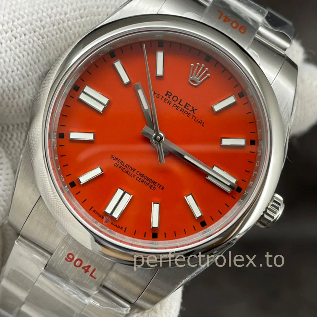 Rolex-Oyster-Perpetual-M124300-Best-Super-Clone-Luxury-Watch-41mm-Red-Dial-Oystersteel-Bracelet-Dial-Detail-1