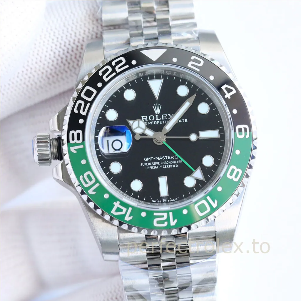 Rolex-GMT-Master-II-M126720VTNR-0002-Left-Crown-Sprite-Bezel-40mm-Black-Dial-Jubilee-Bracelet-Replica-Watch-Front-View-1