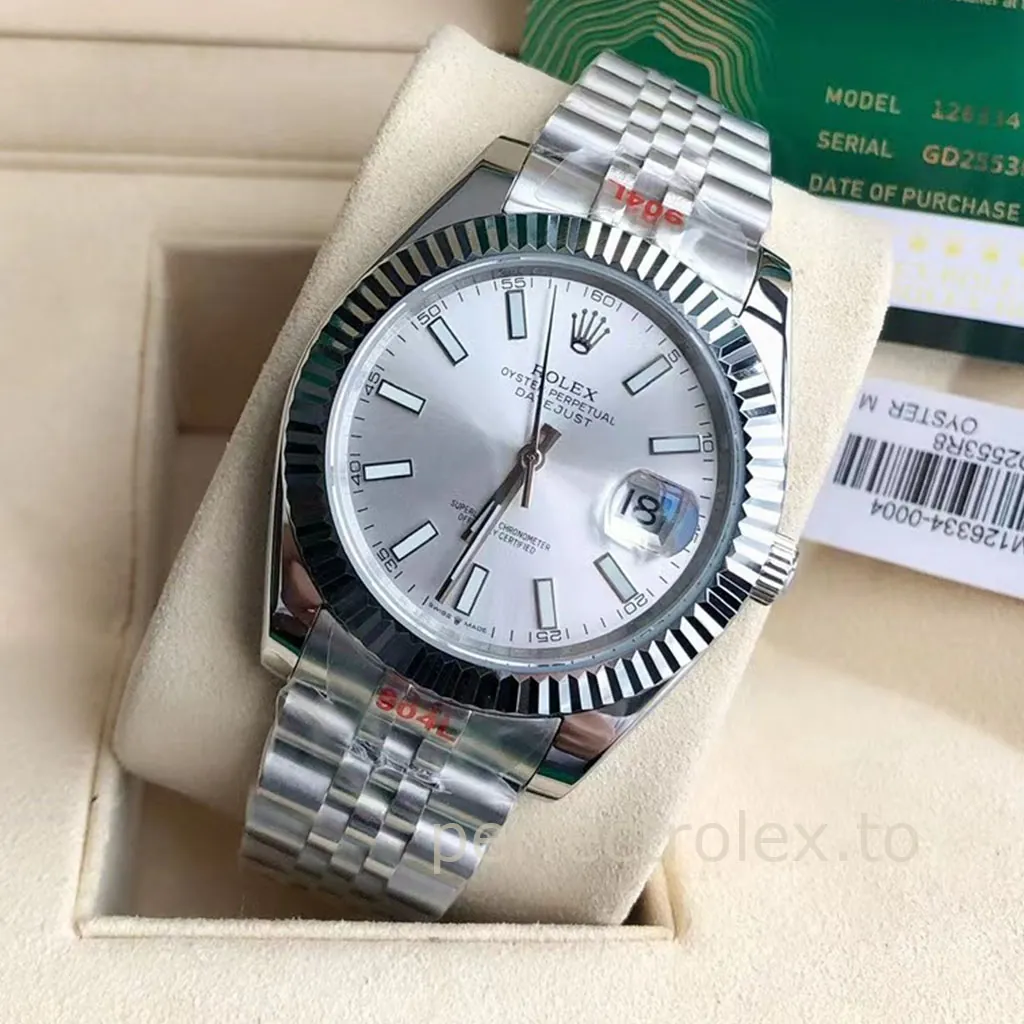 Rolex-Datejust-M126334-0004-Silver-Sunburst-Dial-41mm-Fluted-Bezel-Jubilee-Bracelet-Replica-Watch-Front-View-2
