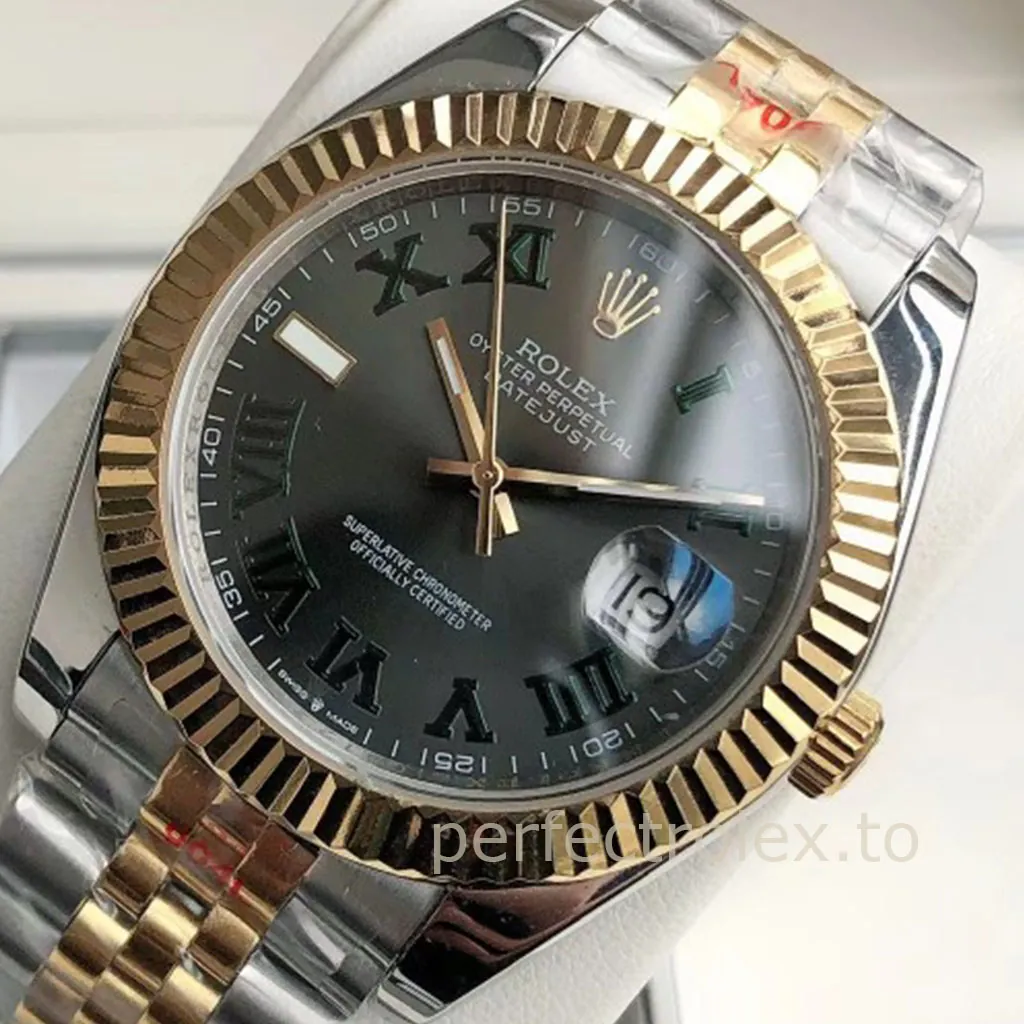 Rolex-Datejust-M126333-Slate-Grey-Wimbledon-Dial-41mm-Gold-Jubilee-Bracelet-Replica-Watch-Dial-Detail-1