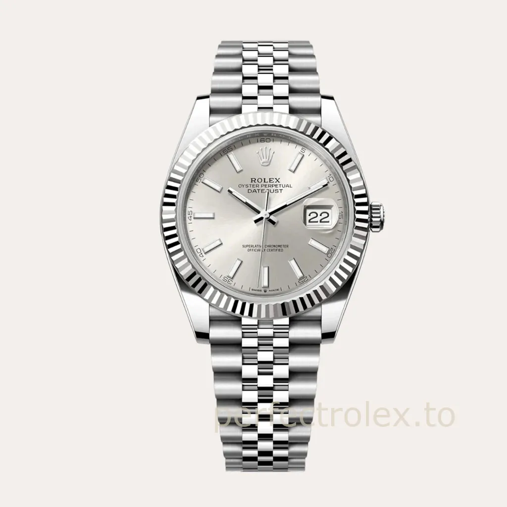 Rolex-Datejust-M126334-0004-Silver-Sunburst-Dial-41mm-Fluted-Bezel-Jubilee-Bracelet-Replica-Watch-Hero-Image