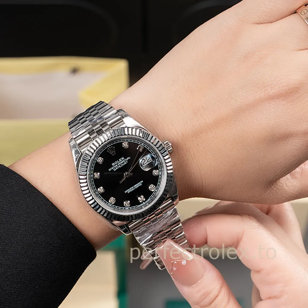 Rolex-Datejust-M126334-0012-Black-Diamond-Dial-41mm-Jubilee-Bracelet-Super-Clone-Watch-Display-Image