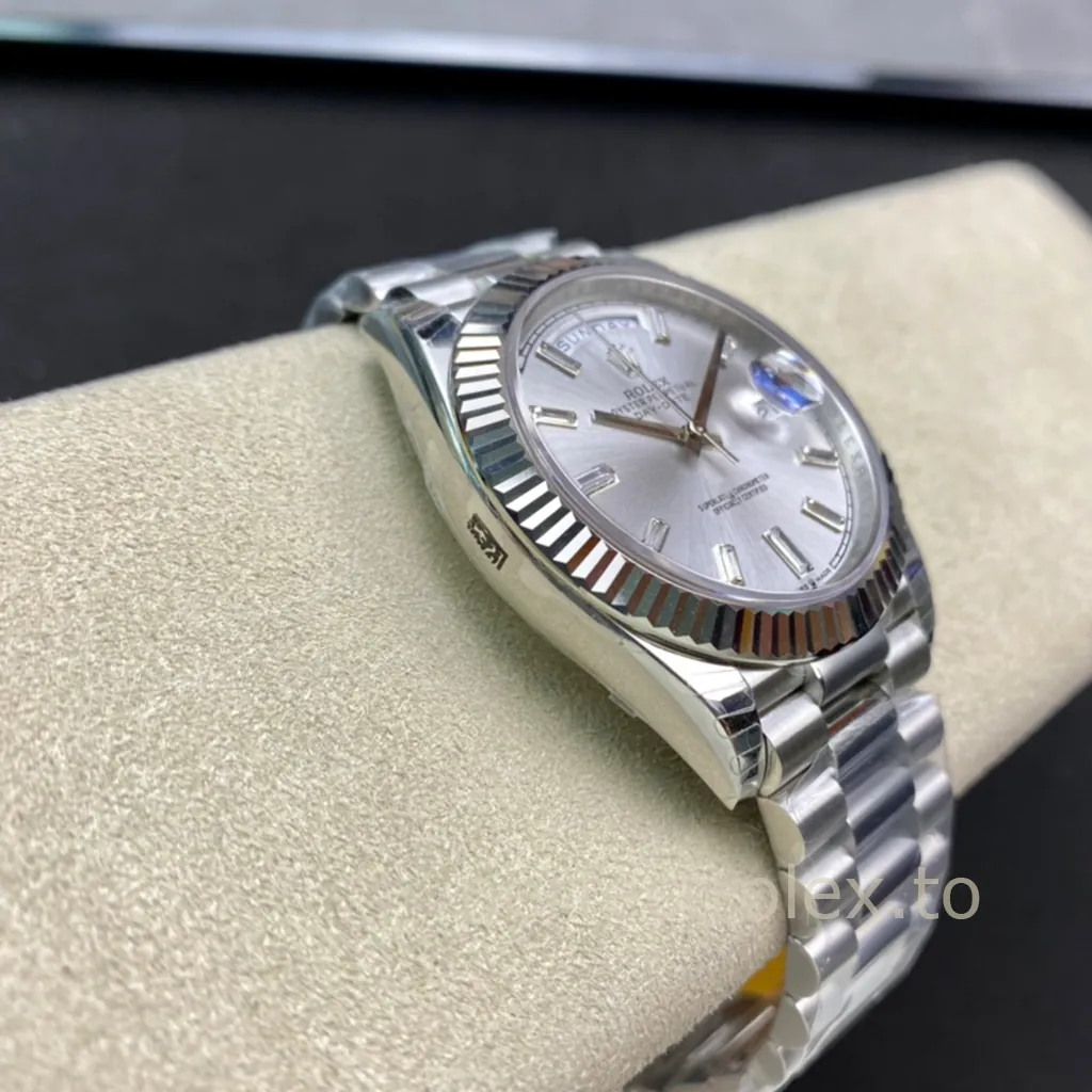 Rolex-Day-Date-228239-0003-40mm-Silver-Diamond-Dial-President-Bracelet-Super-Clone-Watch-Left-Side-View