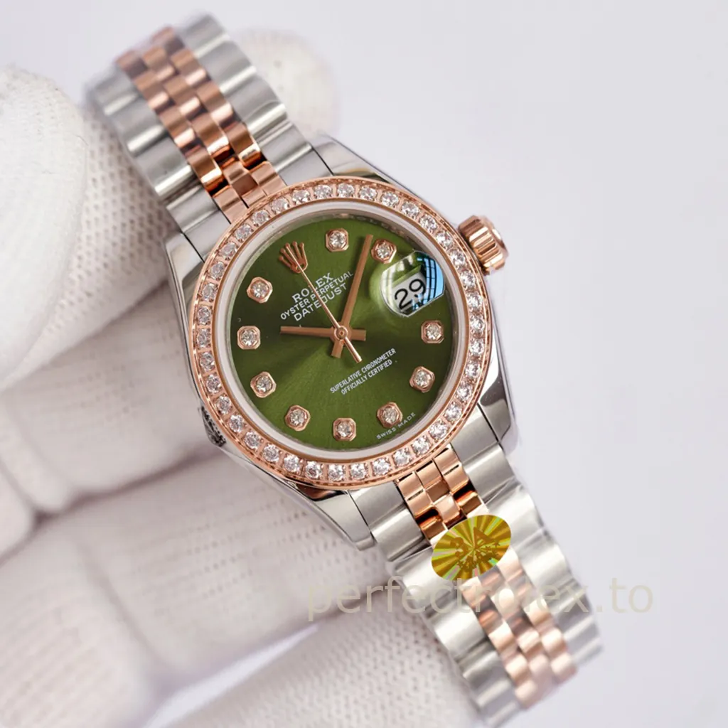 Rolex-Datejust-279381RBR-Green-Dial-Women’s-Super-Clone-Watch-28mm-Diamond-Bezel-Two-Tone-Jubilee-Front-View-1