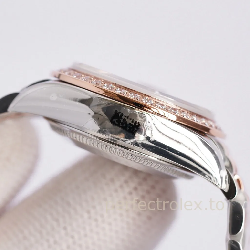 Rolex-Datejust-28mm-M279381RBR-0013-White-Mother-of-Pearl-Diamond-Bezel-Women’s-Replica-Watch-Left-Side-View