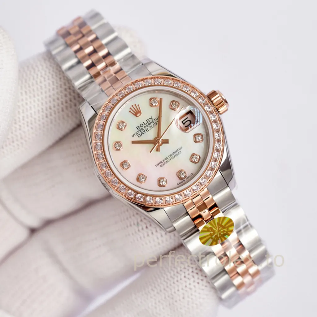 Rolex-Datejust-28mm-M279381RBR-0013-White-Mother-of-Pearl-Diamond-Bezel-Women’s-Replica-Watch-Front-View-1