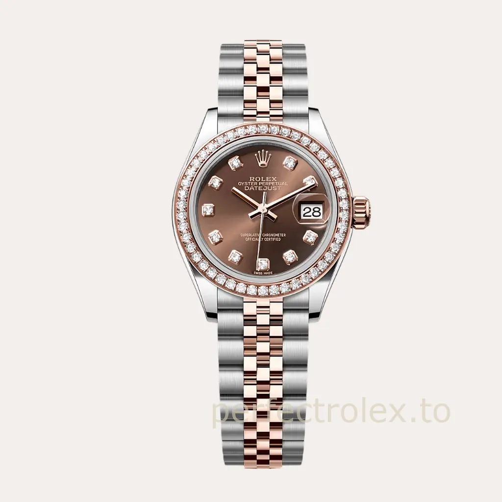 Rolex-Datejust-Chocolate-Brown-Dial-279381RBR-Women’s-Replica-Watch-28mm-Diamond-Bezel-Hero-Image