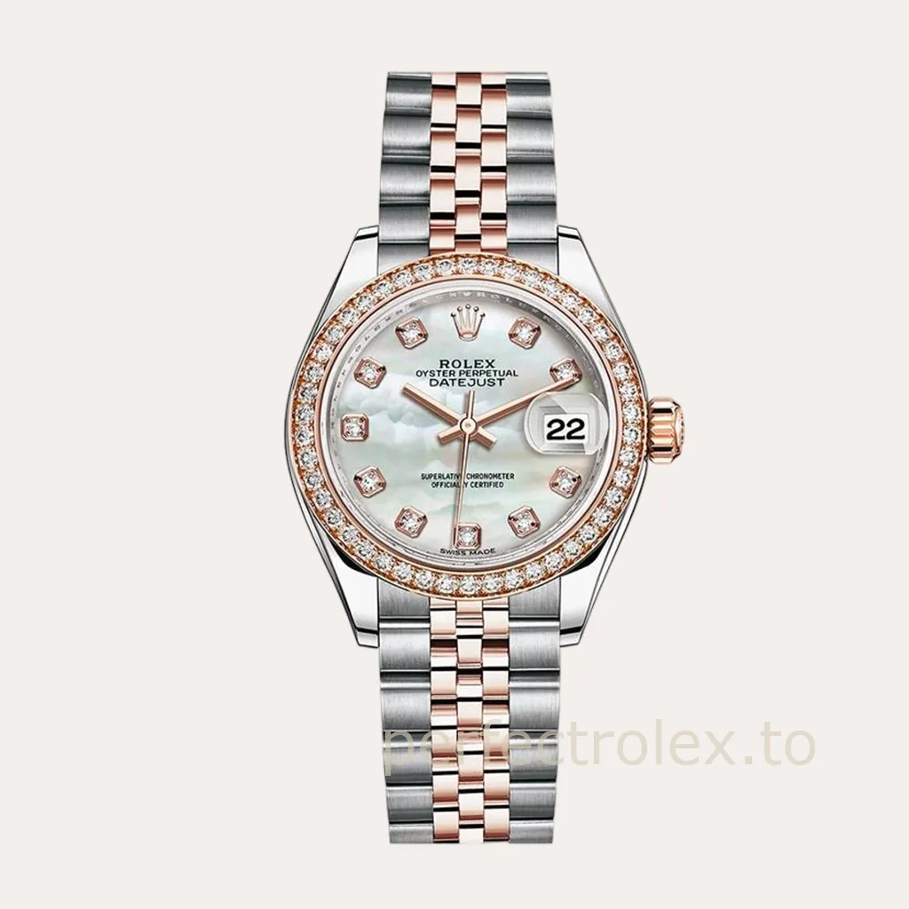 Rolex-Datejust-28mm-M279381RBR-0013-White-Mother-of-Pearl-Diamond-Bezel-Women’s-Replica-Watch-Hero-Image