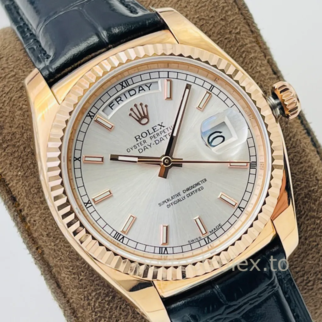 Rolex-Day-Date-118135-Super-Clone-Watch-36mm-Grey-Sunburst-Dial-Leather-Strap-Automatic-Dial-Detail-2
