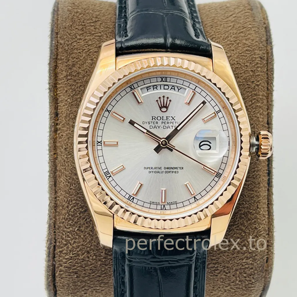Rolex-Day-Date-118135-Super-Clone-Watch-36mm-Grey-Sunburst-Dial-Leather-Strap-Automatic-Front-View-1