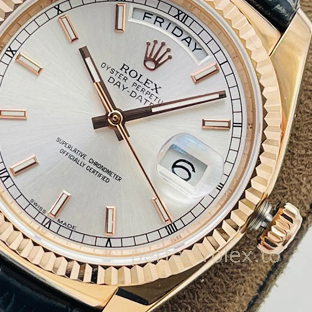 Rolex-Day-Date-118135-Super-Clone-Watch-36mm-Grey-Sunburst-Dial-Leather-Strap-Automatic-Dial-Detail-1