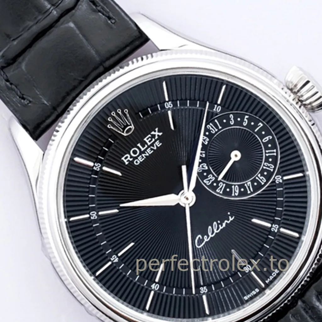 Rolex-Cellini-M50519-0007-Super-Clone-Watch-39mm-Black-Guilloché-Dial-Leather-Strap-Automatic-Dress-Dial-Detail-2
