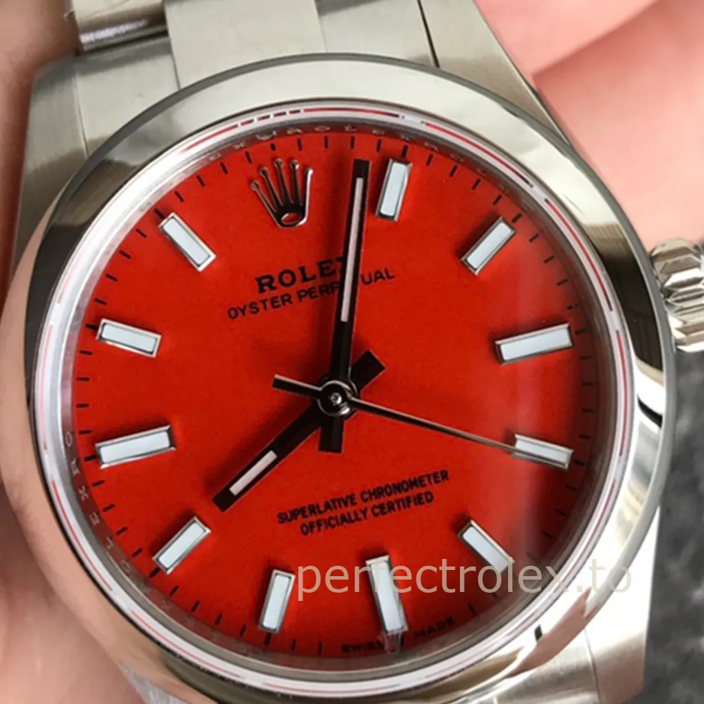 Rolex-Oyster-Perpetual-Coral-Red-Dial-31mm-277200-0008-904L-Steel-Automatic-Replica-Watch-Dial-Detail-2