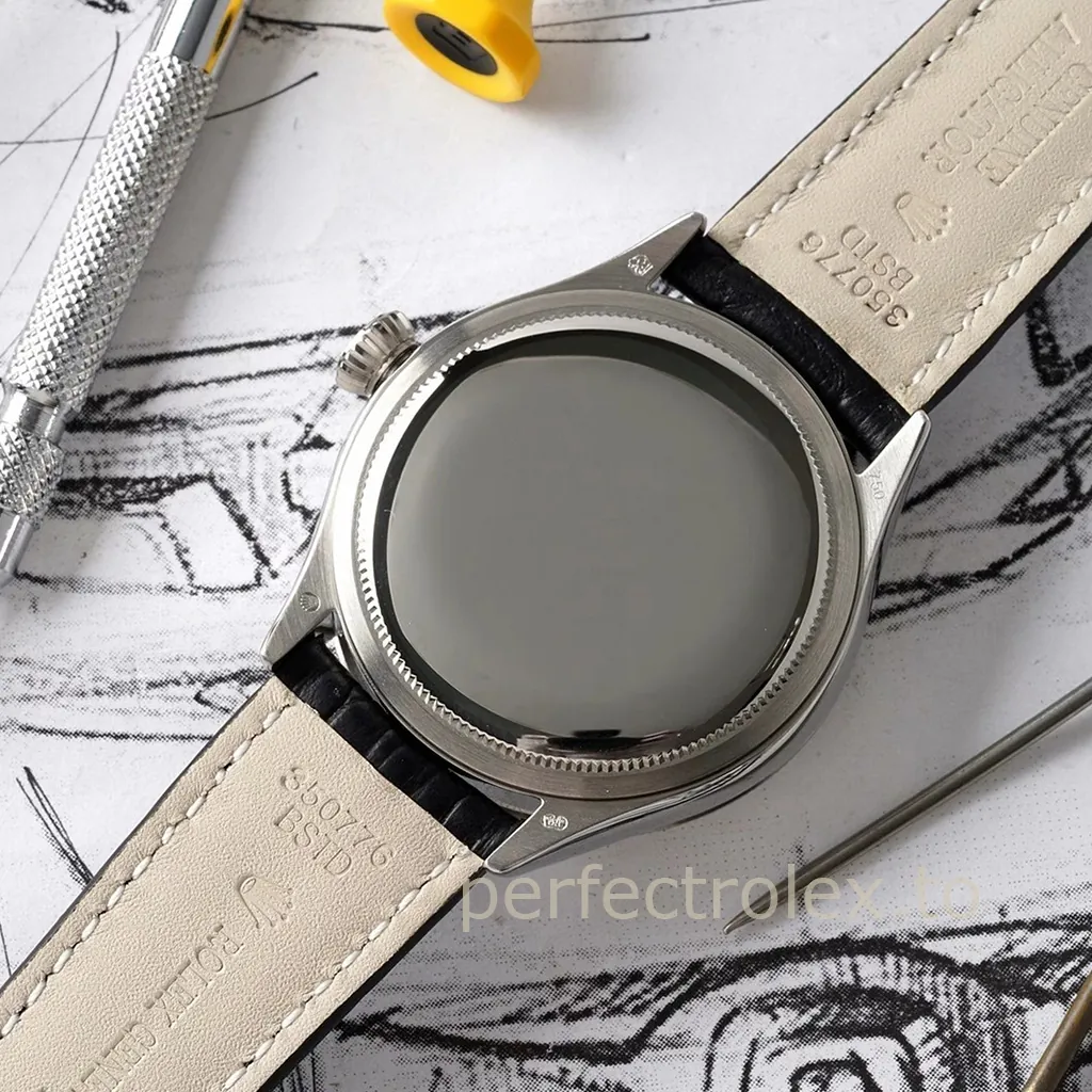 Rolex-Cellini-50529-0006-Dual-Time-39mm-Silver-Guilloché-Dial-Black-Leather-Strap-Automatic-Replica-Watch-Back-View