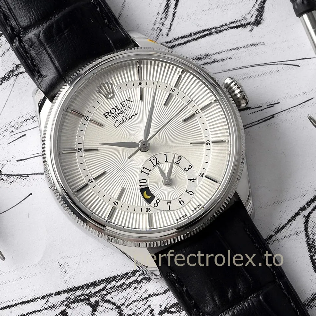 Rolex-Cellini-50529-0006-Dual-Time-39mm-Silver-Guilloché-Dial-Black-Leather-Strap-Automatic-Replica-Watch-Front-View-1