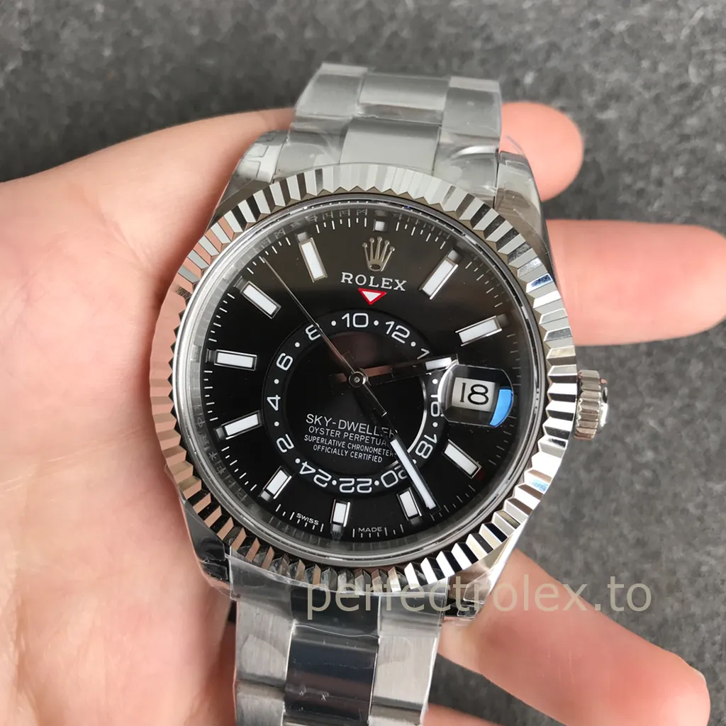 Rolex-Sky-Dweller-Black-Dial-326934-0005-42mm-904L-Steel-Super-Clone-Dual-Time-Travel-Watch-Front-View-1
