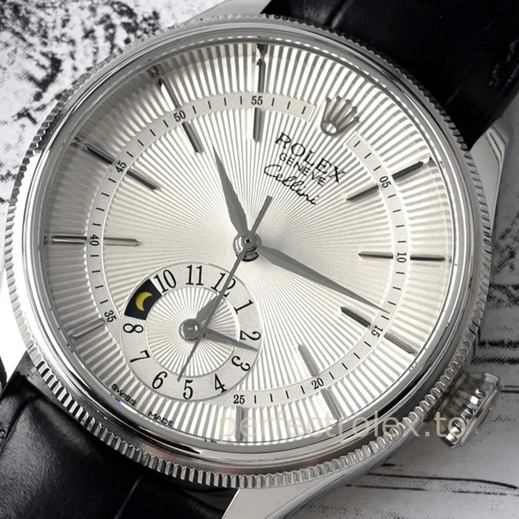 Rolex-Cellini-50529-0006-Dual-Time-39mm-Silver-Guilloché-Dial-Black-Leather-Strap-Automatic-Replica-Watch-Dial-Detail-1