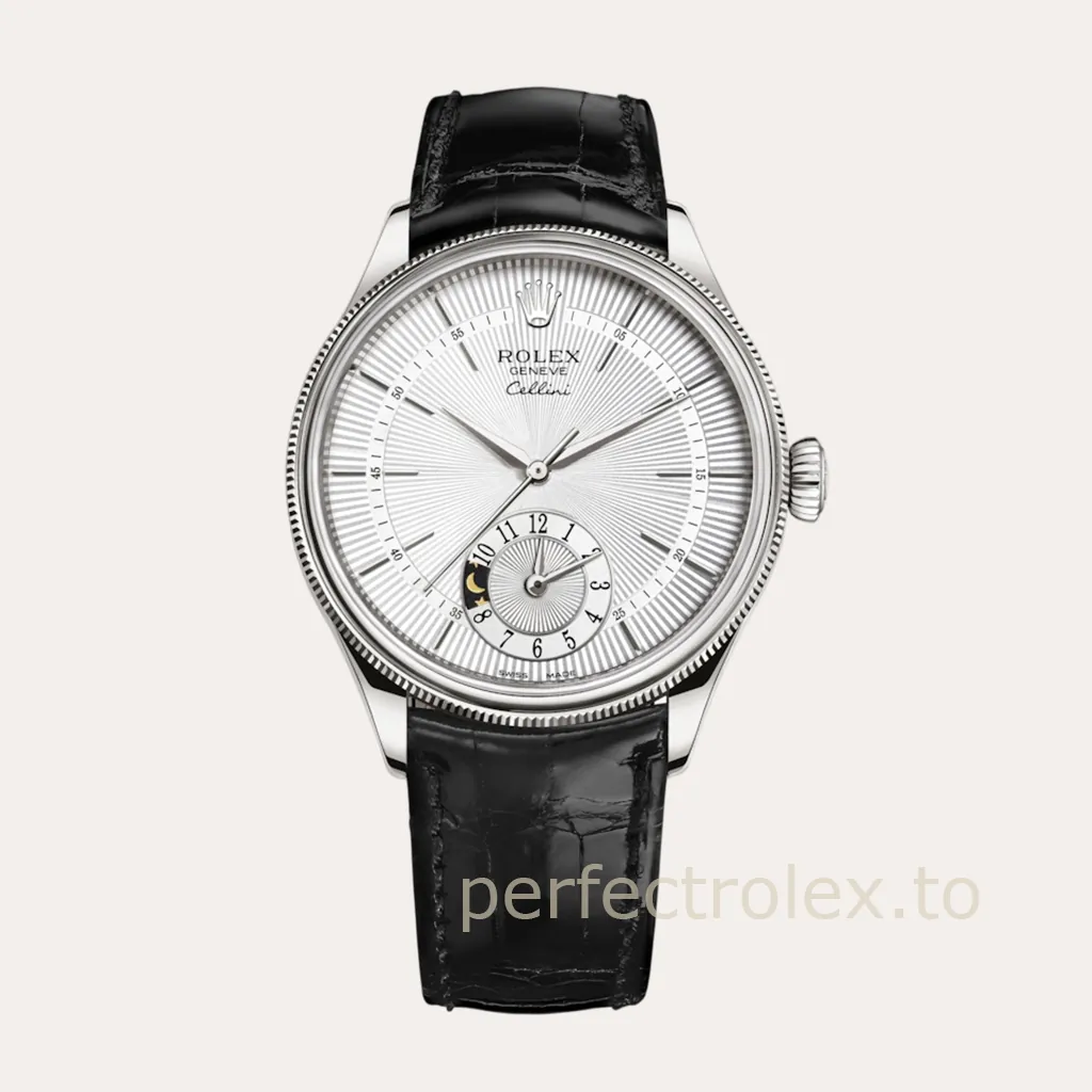 Rolex-Cellini-50529-0006-Dual-Time-39mm-Silver-Guilloché-Dial-Black-Leather-Strap-Automatic-Replica-Watch-Hero-Image