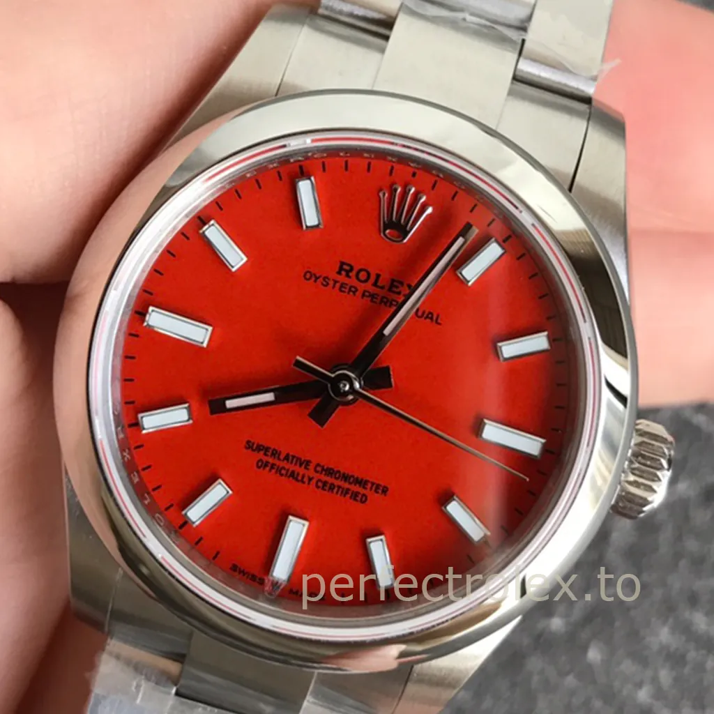 Rolex-Oyster-Perpetual-Coral-Red-Dial-31mm-277200-0008-904L-Steel-Automatic-Replica-Watch-Dial-Detail-1