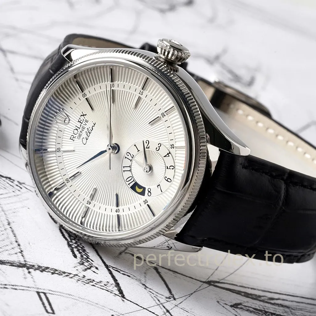 Rolex-Cellini-50529-0006-Dual-Time-39mm-Silver-Guilloché-Dial-Black-Leather-Strap-Automatic-Replica-Watch-Display-Image