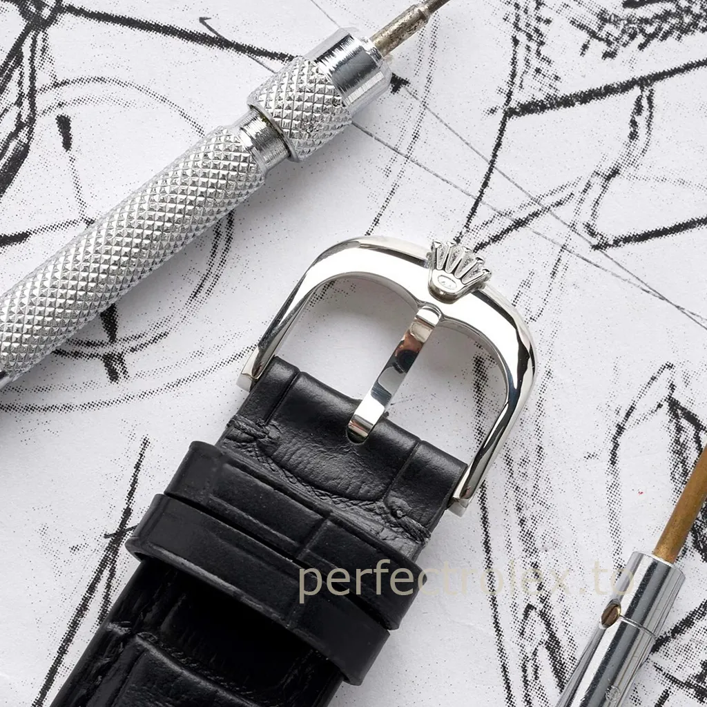 Rolex-Cellini-50529-0006-Dual-Time-39mm-Silver-Guilloché-Dial-Black-Leather-Strap-Automatic-Replica-Watch-Buckle-View-1